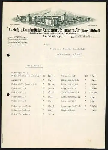 Rechnung Landshut /Bayern 1933, Vereinigte Kunstmühlen Landshut-Rosenheim AG, Die Mühlenbetriebe Rosenheim & Landshut