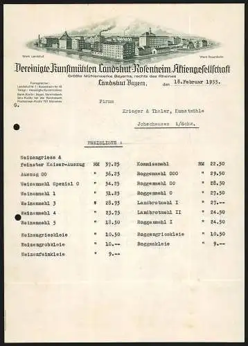 Rechnung Landshut /Bayern 1933, Vereinigte Kunstmühlen Landshut-Rosenheim AG, Die Kunstmühlen Rosenheim & Landshut