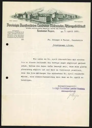 Rechnung Landshut /Bayern 1933, Vereinigte Kunstmühlen Landshut-Rosenheim AG, Die Kunstmühlen Rosenheim und Landshut