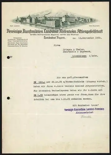 Rechnung Landshut /Bayern 1935, Vereinigte Kunstmühlen Landshut-Rosenheim AG, Ansicht der Mühlenwerke