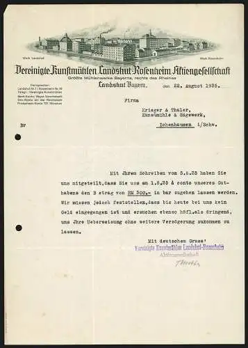 Rechnung Landshut /Bayern 1935, Vereinigte Kunstmühlen Landshut-Rosenheim AG, Ansicht der Mühlenbetriebe