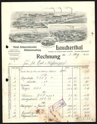 Rechnung Laucherthal 1912, Fürstlich Hohenzollernsche Hüttenverwaltung, Ansicht der Fabriken und eine Beamtenwohnung