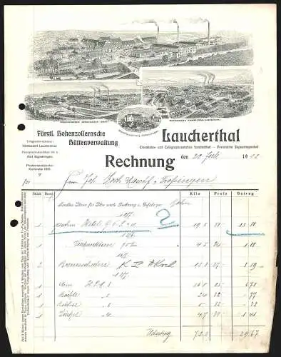 Rechnung Laucherthal 1912, Fürstlich Hohenzollernsche Hüttenverwaltung, Ansicht der Werke und eine Beamtenwohnung