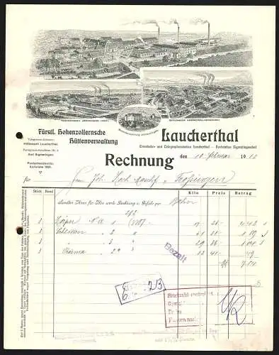Rechnung Laucherthal 1912, Fürstlich Hohenzollernsche Hüttenverwaltung, Der Haupt- und zwei Filialbetriebe