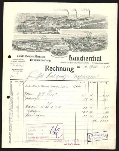 Rechnung Laucherthal 1912, Fürstlich Hohenzollernsche Hüttenverwaltung, Die Hauptfabrik und zwei Filialfabriken