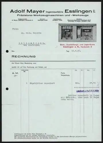Rechnung Esslingen a. N. 1930, Adolf Mayer, Präzisions-Werkzeugmaschinen & -Werkzeuge, Frontansicht des Ladens