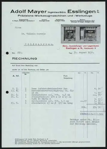 Rechnung Esslingen a. N. 1930, Adolf Mayer, Präzisions-Werkzeugmaschinen & -Werkzeuge, Der Laden in der Neckarstr. 9