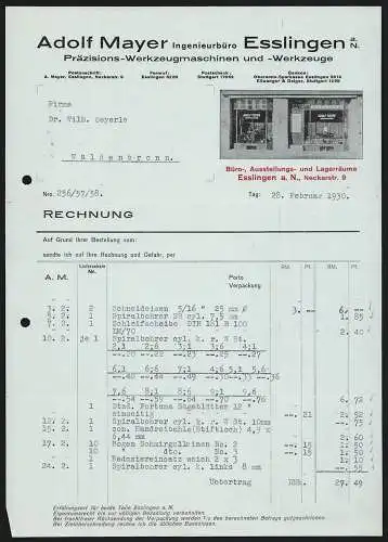 Rechnung Esslingen a. N. 1930, Adolf Mayer, Präzisions-Werkzeugmaschinen & -Werkzeuge, Laden in der Neckarstr. 9
