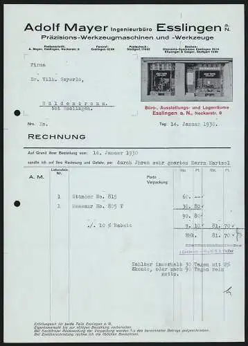 Rechnung Esslingen a. N. 1930, Adolf Mayer, Präzisions-Werkzeugmaschinen & -Werkzeuge, Geschäft in der Neckarstr. 9