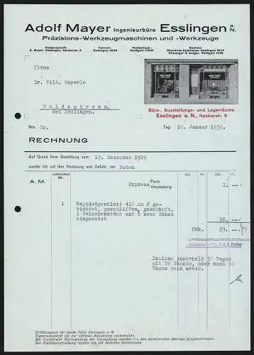 Rechnung Esslingen a. N. 1930, Adolf Mayer, Präzisions-Werkzeugmaschinen & -Werkzeuge, Das Geschäft in der Neckarstr. 9