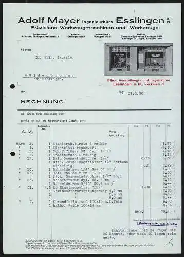 Rechnung Esslingen a. N. 1930, Adolf Mayer, Präzisions-Werkzeugmaschinen & -Werkzeuge, Ausstellung in der Neckarstr. 9