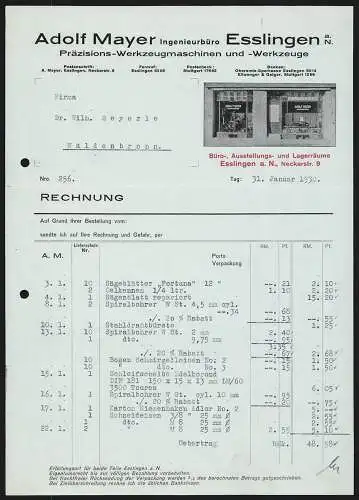 Rechnung Esslingen a. N. 1930, Adolf Mayer, Präzisions-Werkzeugmaschinen & -Werkzeuge, Das Büro in der Neckarstr. 9