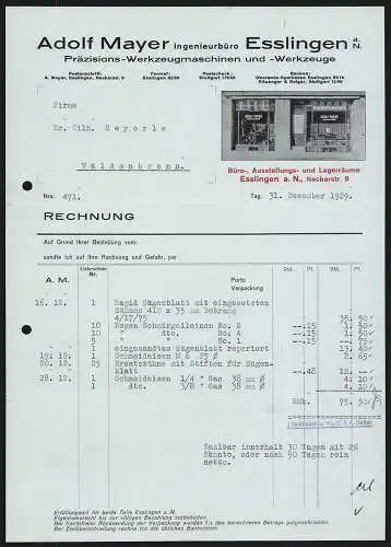 Rechnung Esslingen a. N. 1929, Adolf Mayer, Präzisions-Werkzeugmaschinen & -Werkzeuge, Geschäft in der Neckarstr. 9