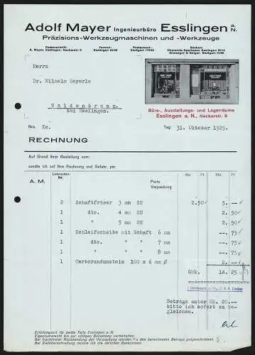 Rechnung Esslingen a. N. 1929, Adolf Mayer, Präzisions-Werkzeugmaschinen & -Werkzeuge, Das Geschäft in der Neckarstr. 9