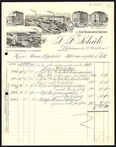 Rechnung Plüderhausen 1905, J. F. Schüle, Eier-Teigwaaren-Fabriken, Ansicht zweier Fabriken und dreier Filialen