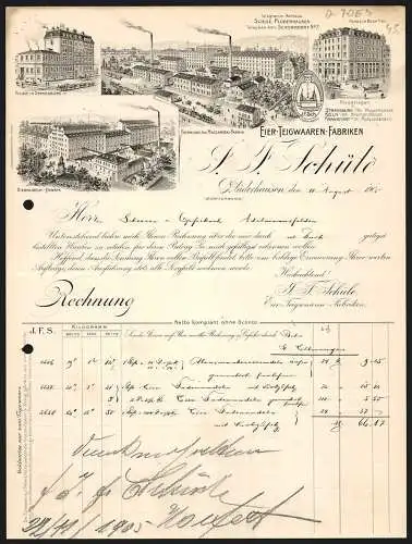 Rechnung Plüderhausen 1905, J. F. Schüle, Eier-Teigwaaren-Fabriken, Ansicht zweier Fabriken und dreier Filialwerke