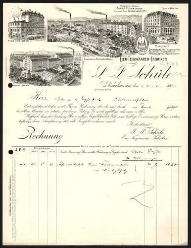 Rechnung Plüderhausen 1905, J. F. Schüle, Eier-Teigwaaren-Fabriken, Ansicht zweier Fabriken und dreier Filialbetriebe