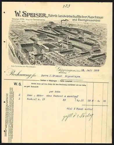 Rechnung Göppingen 1909, W. Speiser, Fabrik landwirtschaftlicher Maschinen & Eisengiesserei, Gesamtansicht der Fabrik
