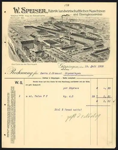 Rechnung Göppingen 1909, W. Speiser, Fabrik landwirtschaftlicher Maschinen & Eisengiesserei, Gesamtansicht des Betriebes