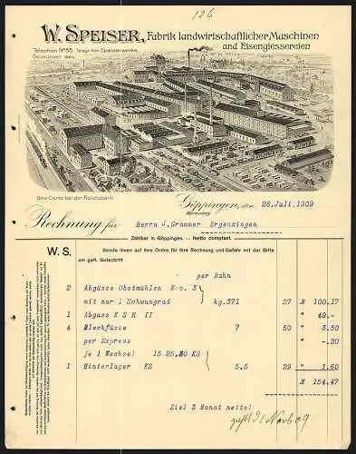 Rechnung Göppingen 1909, W. Speiser, Fabrik landwirtschaftlicher Maschinen & Eisengiesserei, Fabrik mit Gleisanlage