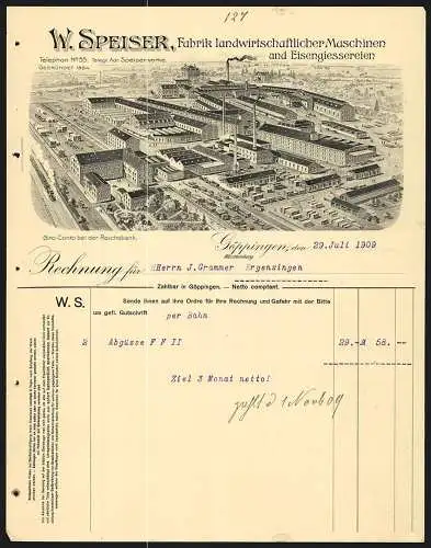 Rechnung Göppingen 1909, W. Speiser, Fabrik landwirtschaftlicher Maschinen & Eisengiesserei, Betrieb mit Gleisanlage