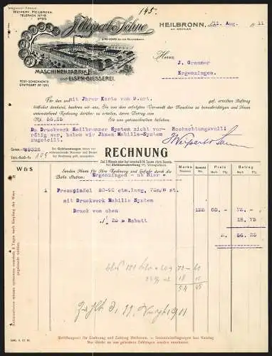 Rechnung Heilbronn 1911, J. Weipert & Söhne, Maschinenfabrik und Eisengiesserei, Gesamtansicht vom Betrieb und Medaillen