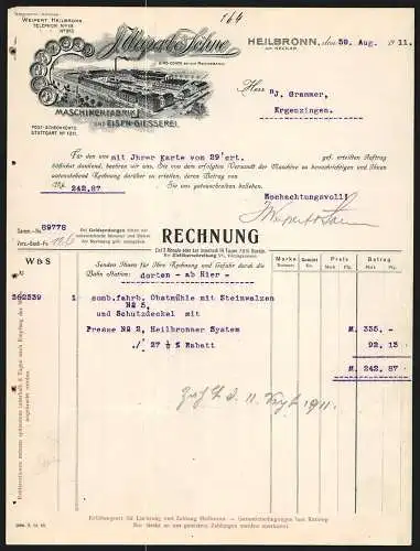 Rechnung Heilbronn 1911, J. Weipert & Söhne, Maschinenfabrik und Eisengiesserei, Gesamtansicht der Fabrik und Medaillen