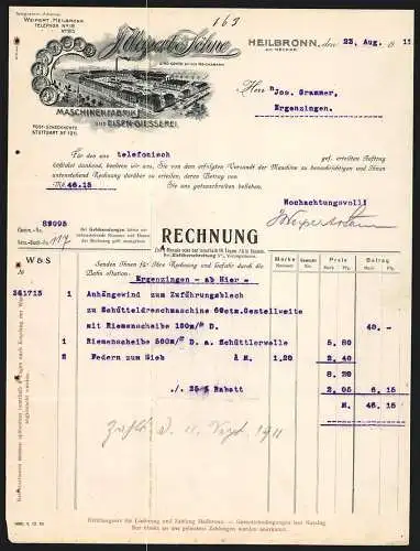 Rechnung Heilbronn 1911, J. Weipert & Söhne, Maschinenfabrik und Eisengiesserei, Betriebsansicht und Preis-Medaillen