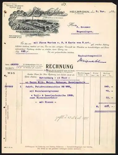 Rechnung Heilbronn 1911, J. Weipert & Söhne, Maschinenfabrik und Eisengiesserei, Fabrikansicht und Auszeichnungen