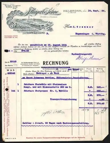 Rechnung Heilbronn 1924, J. Weipert & Söhne, Maschinenfabrik und Eisengiesserei, Betriebsansicht und Auszeichnungen