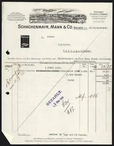 Rechnung Salach 1929, Schachenmayr, Mann & Co., Textil-Fabrikation, Betriebsansicht, Schutzmarke und weidende Schafe