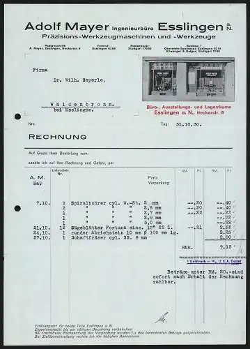 Rechnung Esslingen a. N. 1930, Adolf Mayer, Präzisions-Werkzeugmaschinen und -Werkzeuge, Ansicht des Geschäftes