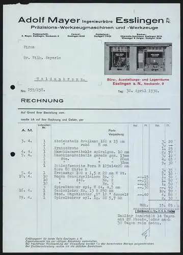 Rechnung Esslingen a. N. 1930, Adolf Mayer, Präzisions-Werkzeugmaschinen und -Werkzeuge, Blick auf die Ladenfront