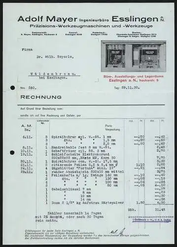 Rechnung Esslingen a. N. 1930, Adolf Mayer, Präzisions-Werkzeugmaschinen und -Werkzeuge, Schaufensteransicht