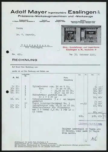 Rechnung Esslingen a. N. 1929, Adolf Mayer, Präzisions-Werkzeugmaschinen und -Werkzeuge, Ansicht der Ladenfront