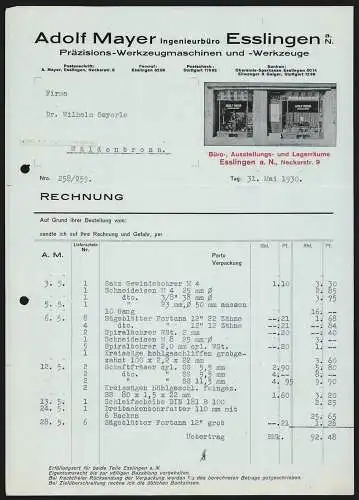 Rechnung Esslingen a. N. 1930, Adolf Mayer, Präzisions-Werkzeugmaschinen und -Werkzeuge, Blick in die Schaufenster