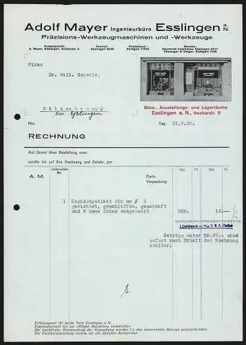 Rechnung Esslingen a. N. 1930, Adolf Mayer, Präzisions-Werkzeugmaschinen und -Werkzeuge, Ware in den Schaufenstern