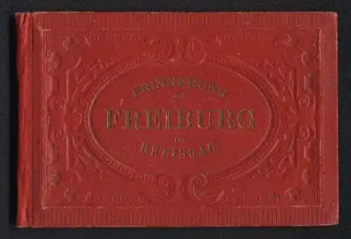 Leporello-Album Freiburg mit 18 Lithographie-Ansichten, Kaiser Wilhelm Platz & Siegesdenkmal, Schwaben-Tor, Martins Tor