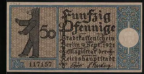 Notgeld Berlin 1921, 50 Pfennig, Bezirk 19 Pankow, Berliner Bär, Gehöft in Pankow um 1770