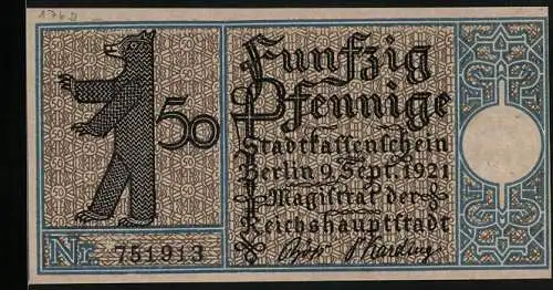Notgeld Berlin 1921, 50 Pfennig, Bezirk 20 Reinickendorf, Mühle in Tegel um 1800