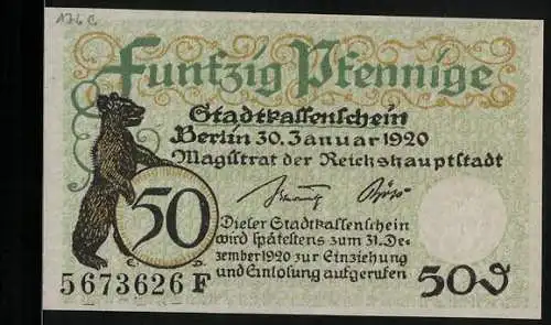 Notgeld Berlin 1920, 50 Pfennig, Siegel, Berliner Bär