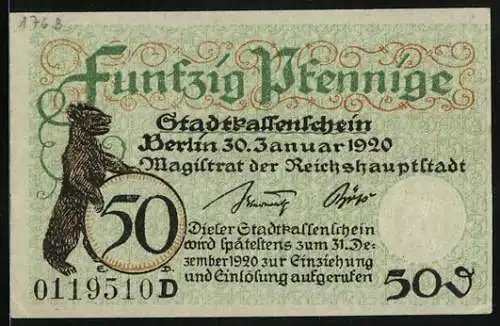 Notgeld Berlin 1920, 50 Pfennig, Berliner Bär, Siegel