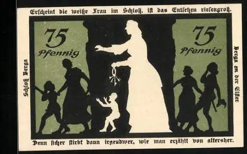 Notgeld Berga /Elster 1921, 75 Pfennig, Ortspartie, Wappen, Dame mit Schlüsselbund