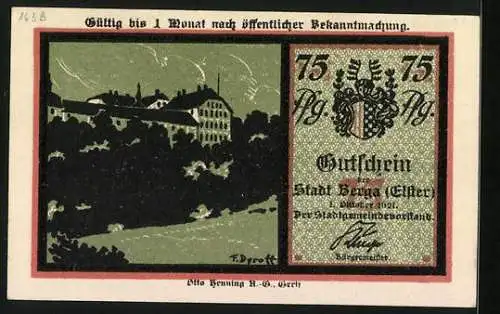 Notgeld Berga /Elster 1921, 75 Pfennig, Ortspartie, Wappen, Dame mit Schlüsselbund