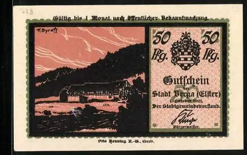 Notgeld Berga /Elster 1921, 50 Pfennig, Gehöft, Wappen, Hammermichel mit Dieben