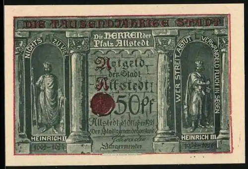 Notgeld Allstedt 1921, 50 Pfennig, Heinrich II. und III. Siegel, Schloss, Wappen