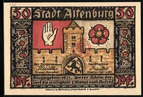 Notgeld Altenburg 1921, 50 Pfennig, Turm, Hand und Blume, Wappen, Sächs. Prinzenraub: Ritter und Kind auf Pferd