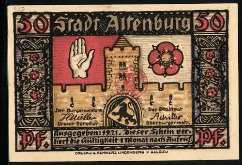 Notgeld Altenburg 1921, 50 Pfennig, Turm, Hand und Blume, Wappen, Schloss