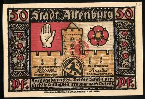 Notgeld Altenburg 1921, 50 Pfennig, Turm, Hand und Blume, Wappen, Sächs. Prinzenraub: Rückführung