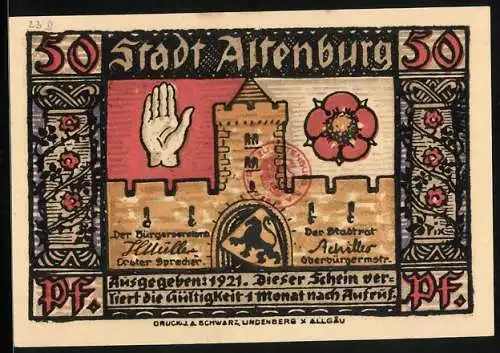 Notgeld Altenburg 1921, 50 Pfennig, Turm, Hand und Blume, Wappen, Sächs. Prinzenraub: Flucht